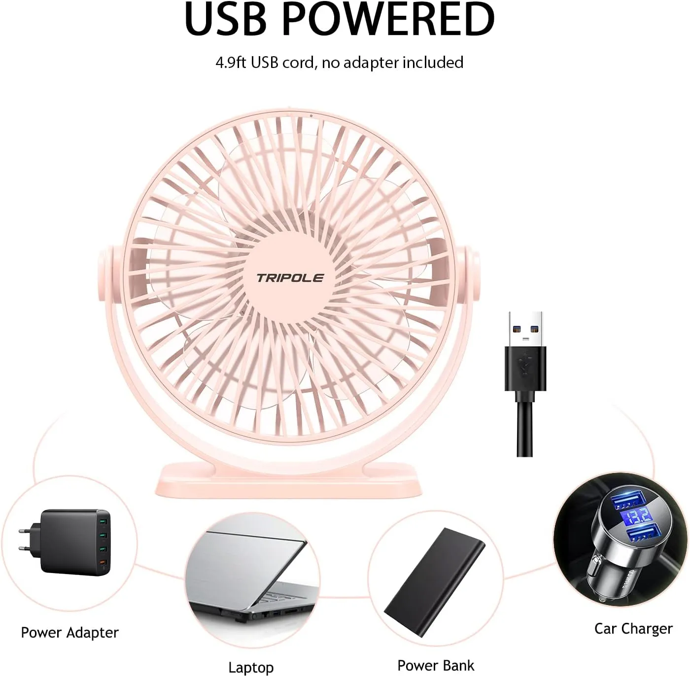 TriPole Mini Desk Fan USB Powered Portable Fan 3 Speeds Strong Airflow Small Fan 360Rotation Personal Fan 5.1 Inch Table Fan for Home Office Bedroom Desktop, Pink, 4.9ft Cable