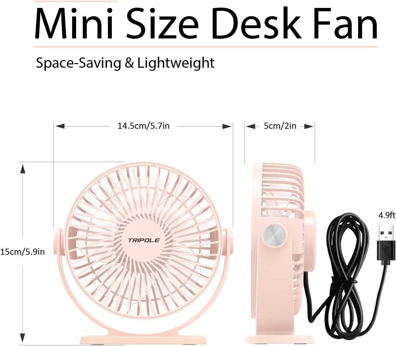 TriPole Mini Desk Fan USB Powered Portable Fan 3 Speeds Strong Airflow Small Fan 360Rotation Personal Fan 5.1 Inch Table Fan for Home Office Bedroom Desktop, Pink, 4.9ft Cable