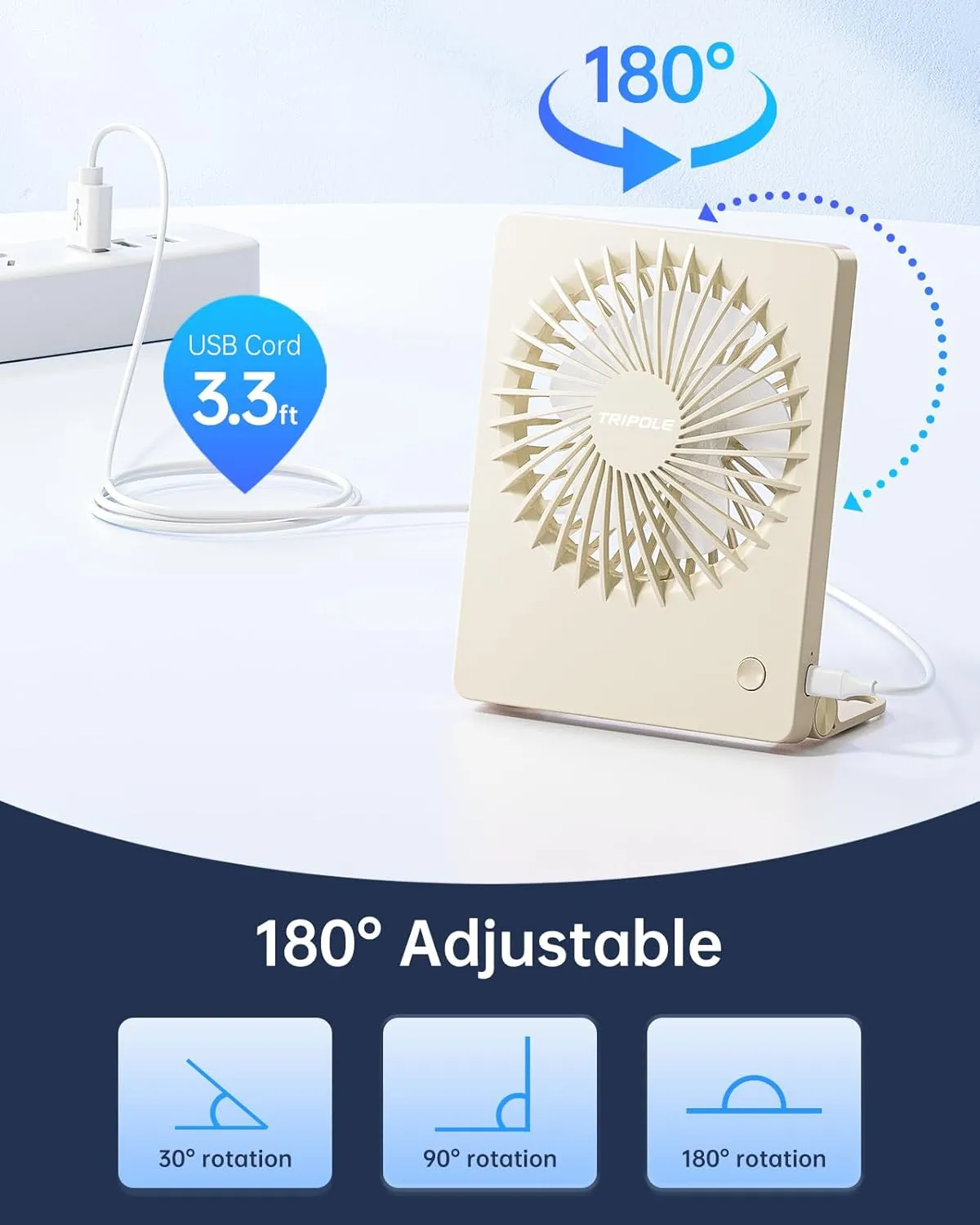 TriPole Mini Desk Fan USB Powered Portable Fan Small Personal Fan 3 Speeds Strong Airflow Table Fan for Travel Home Office Bedroom Desktop, 3.3ft Cable (No Battery, Beige)