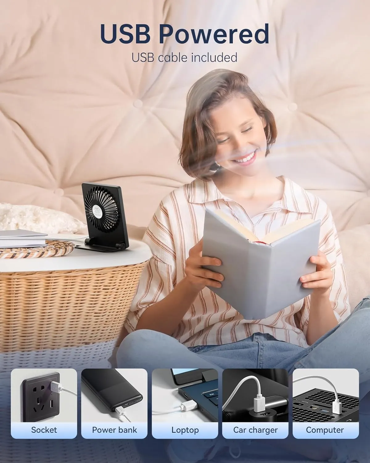 TriPole Mini Desk Fan USB Powered Portable Fan Small Personal Fan 3 Speeds Strong Airflow Table Fan for Travel Home Office Bedroom Desktop, 3.3ft Cable (No Battery, Black)