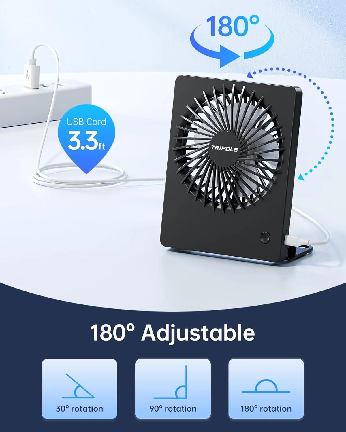TriPole Mini Desk Fan USB Powered Portable Fan Small Personal Fan 3 Speeds Strong Airflow Table Fan for Travel Home Office Bedroom Desktop, 3.3ft Cable (No Battery, Black)