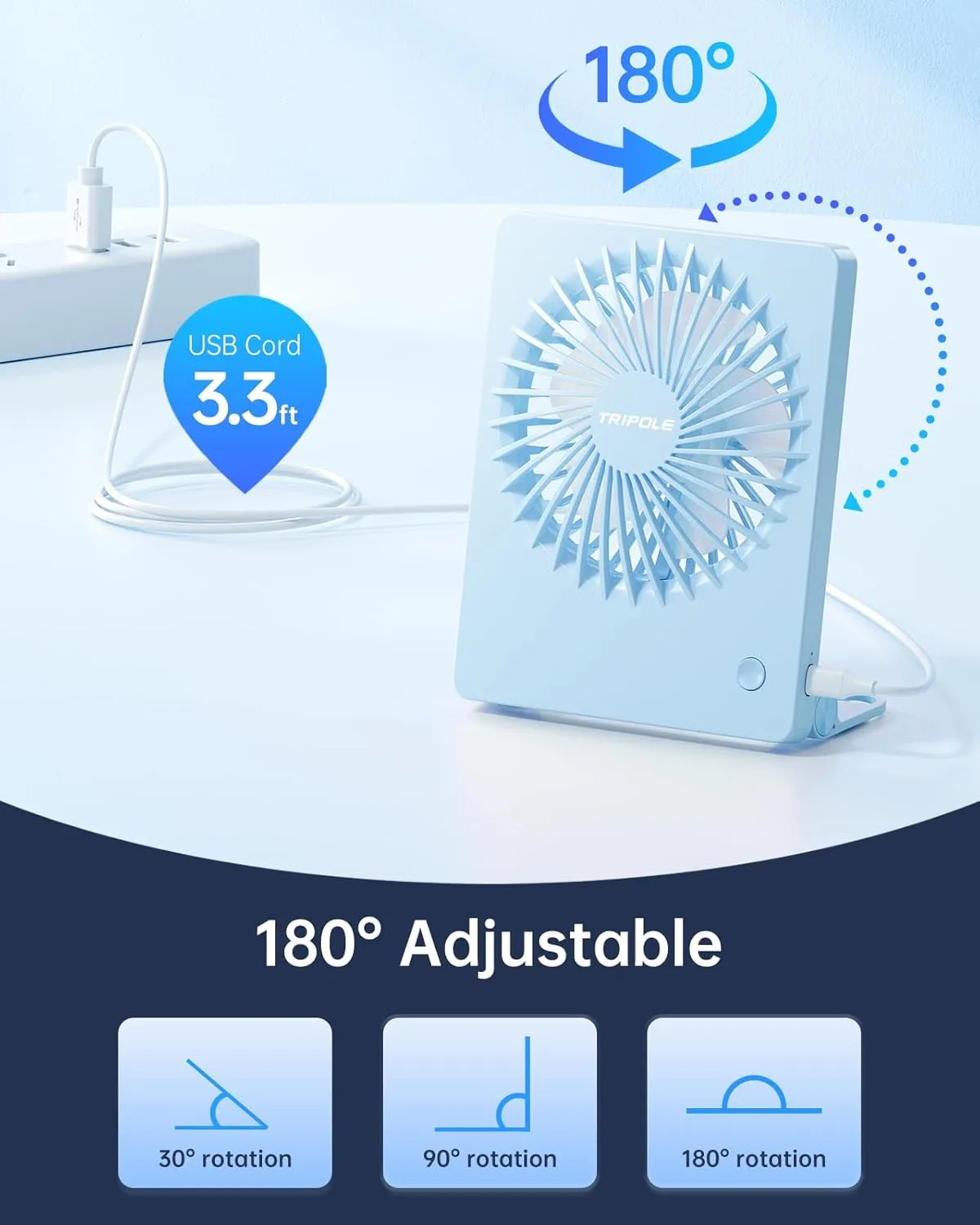 TriPole Mini Desk Fan USB Powered Portable Fan Small Personal Fan 3 Speeds Strong Airflow Table Fan for Travel Home Office Bedroom Desktop, 3.3ft Cable (No Battery, Blue)