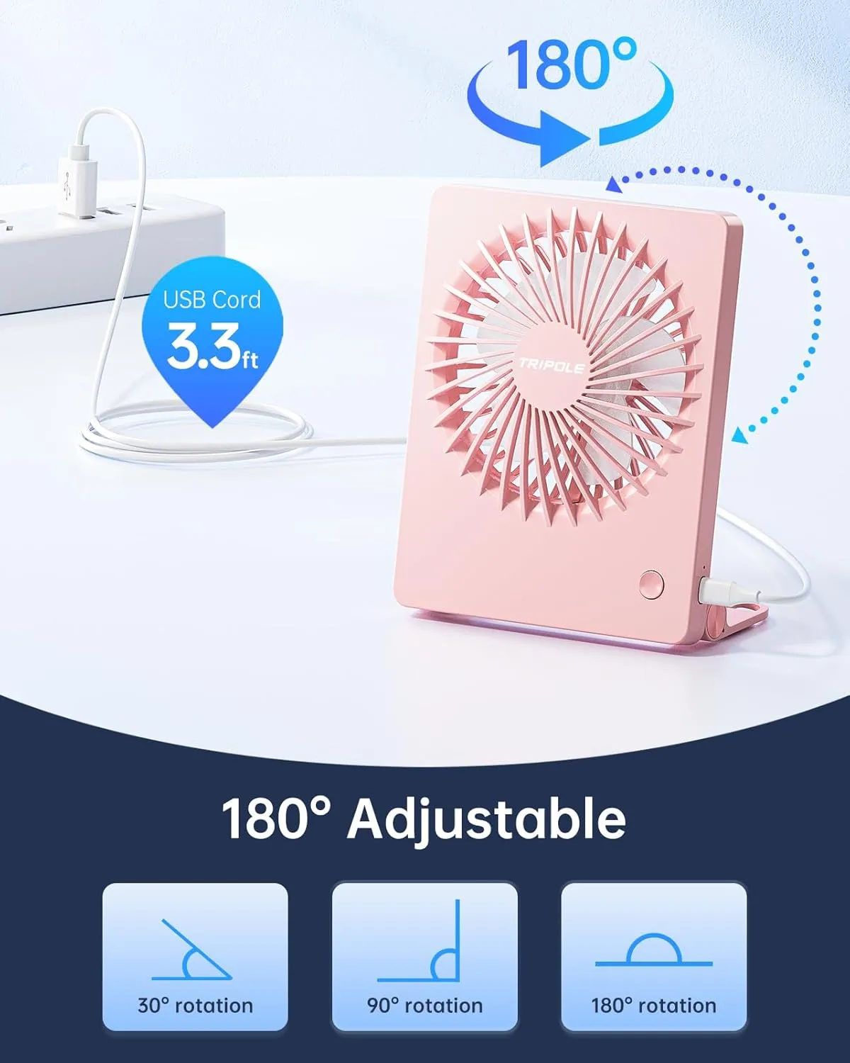 TriPole Mini Desk Fan USB Powered Portable Fan Small Personal Fan 3 Speeds Strong Airflow Table Fan for Travel Home Office Bedroom Desktop, 3.3ft Cable (No Battery, Pink)