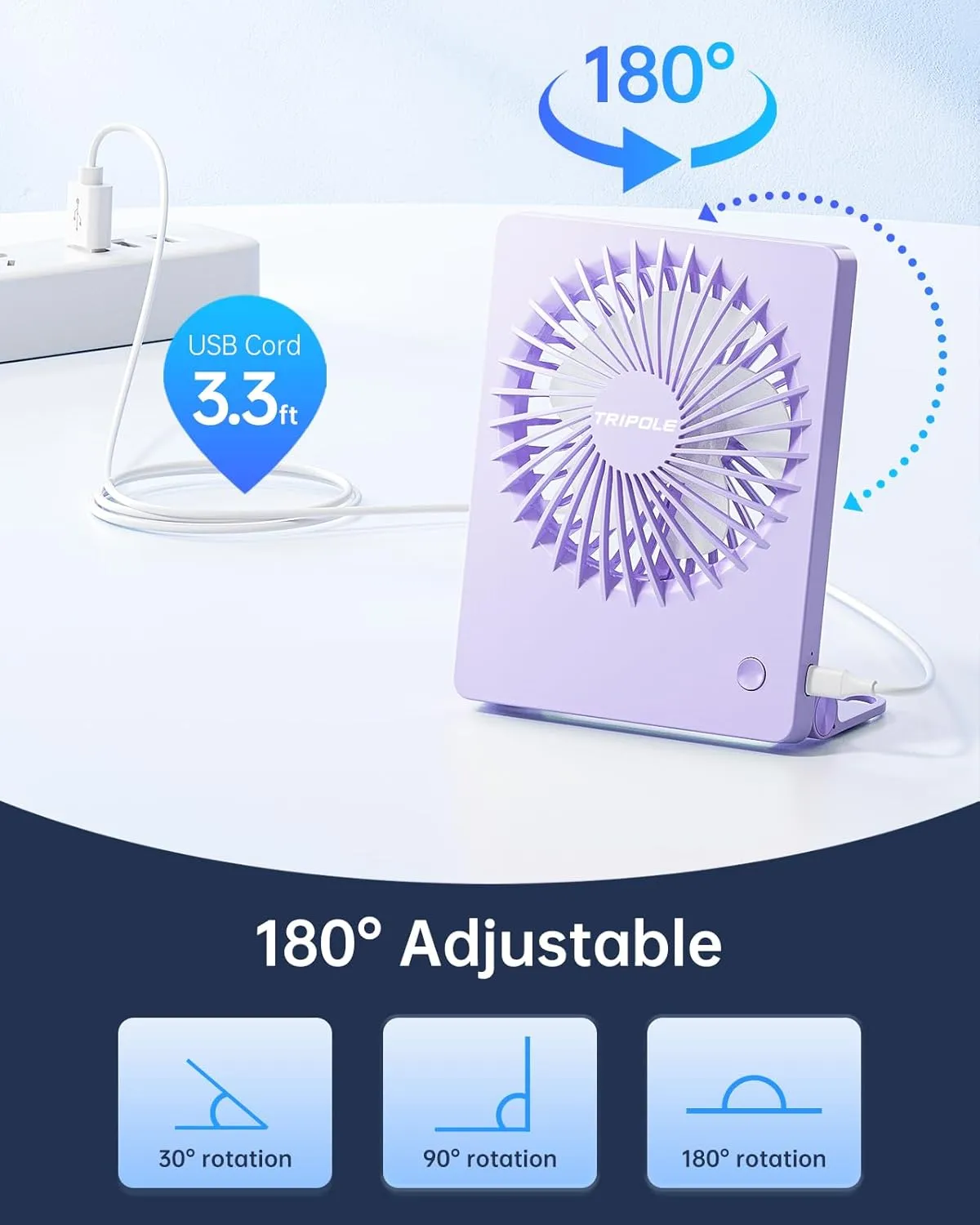 TriPole Mini Desk Fan USB Powered Portable Fan Small Personal Fan 3 Speeds Strong Airflow Table Fan for Travel Home Office Bedroom Desktop, 3.3ft Cable (No Battery, Purple)
