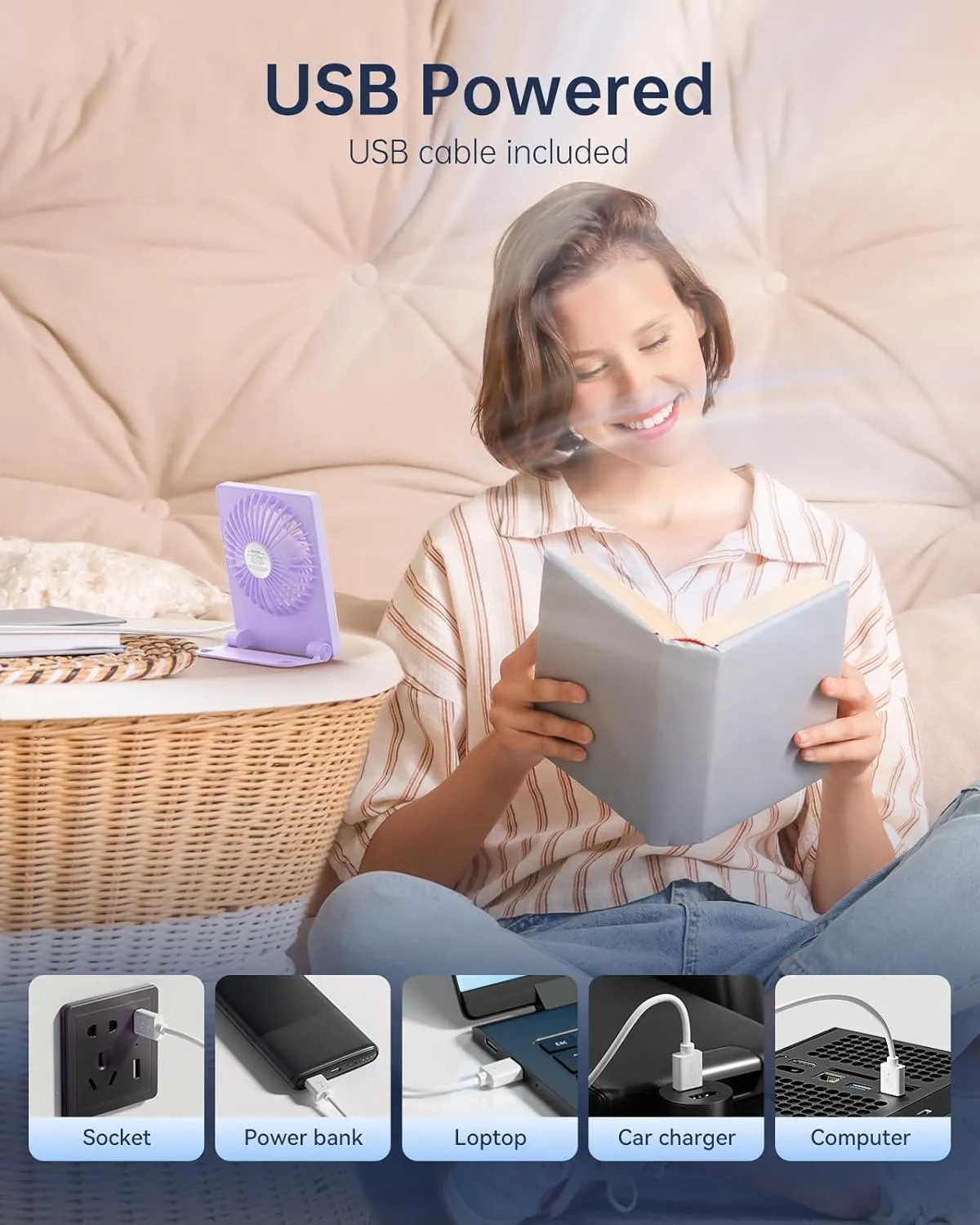 TriPole Mini Desk Fan USB Powered Portable Fan Small Personal Fan 3 Speeds Strong Airflow Table Fan for Travel Home Office Bedroom Desktop, 3.3ft Cable (No Battery, Purple)