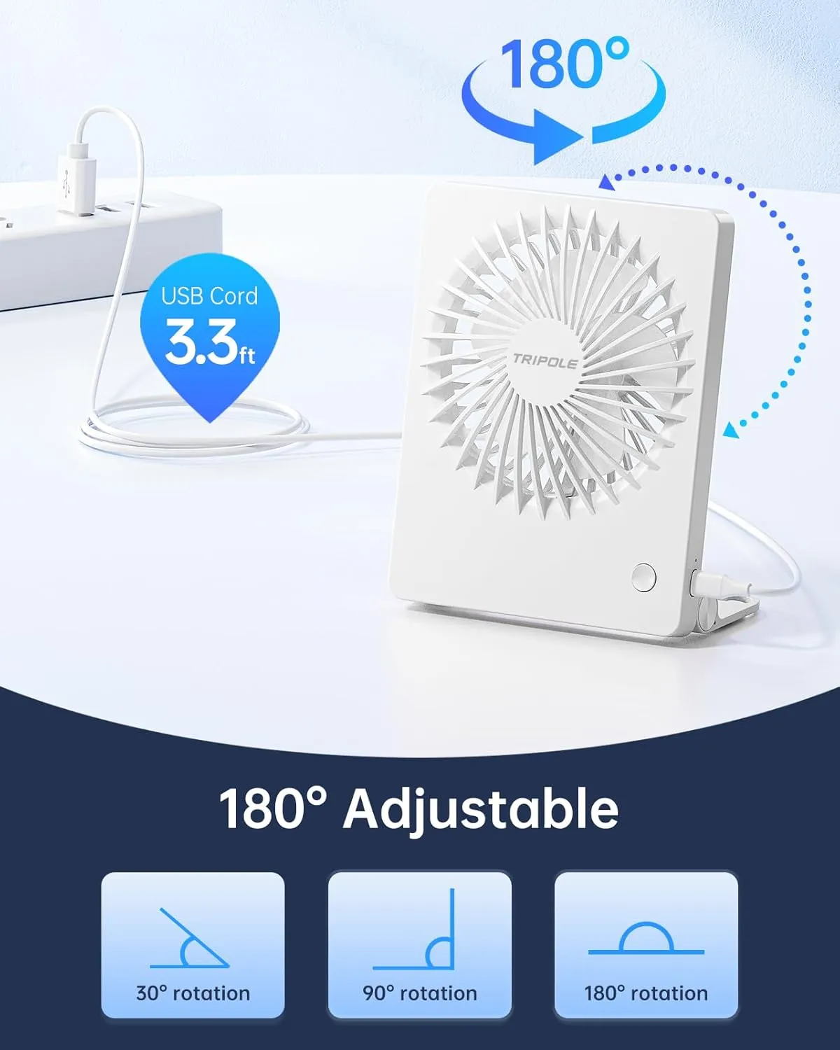 TriPole Mini Desk Fan USB Powered Portable Fan Small Personal Fan 3 Speeds Strong Airflow Table Fan for Travel Home Office Bedroom Desktop, 3.3ft Cable (No Battery, White)