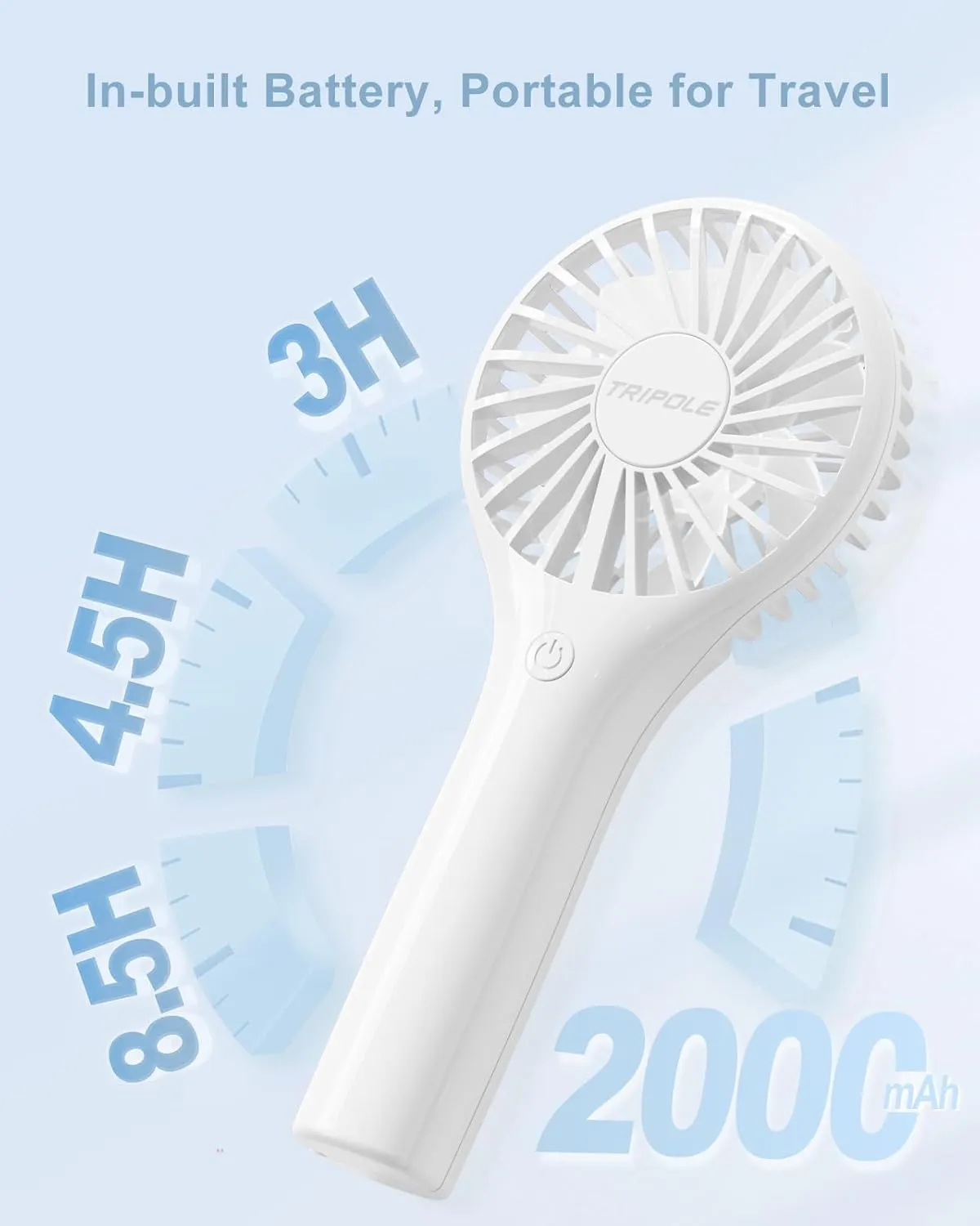 TriPole Mini Handheld Fan Portabble Personal Fan with 3 Speeds, Powerful Battery Hand Held Fan for Travel Trip Outdoor Concerts, Cute Small Rechargeable Lash Fan for Makeup Skincare Drying, White