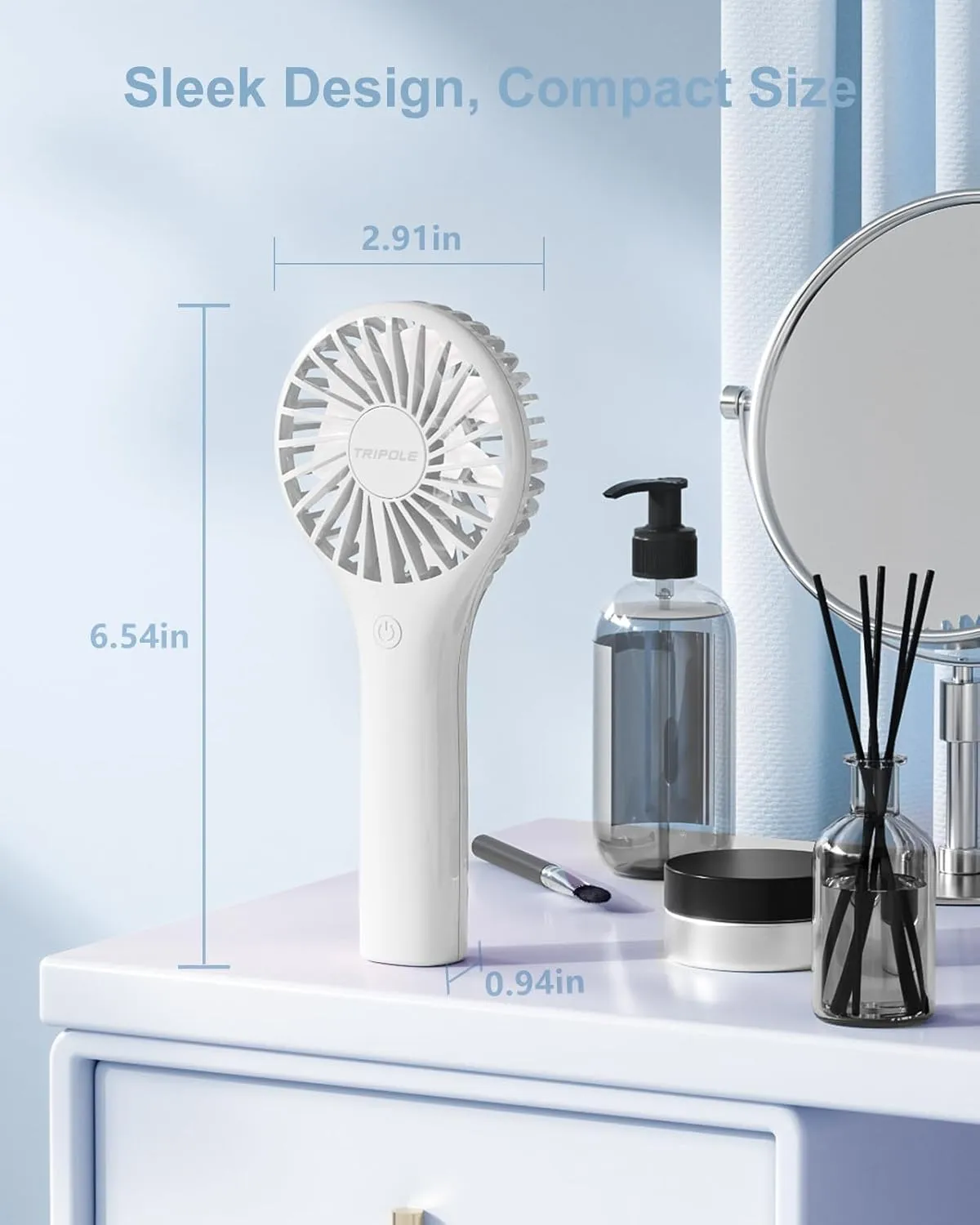 TriPole Mini Handheld Fan Portabble Personal Fan with 3 Speeds, Powerful Battery Hand Held Fan for Travel Trip Outdoor Concerts, Cute Small Rechargeable Lash Fan for Makeup Skincare Drying, White