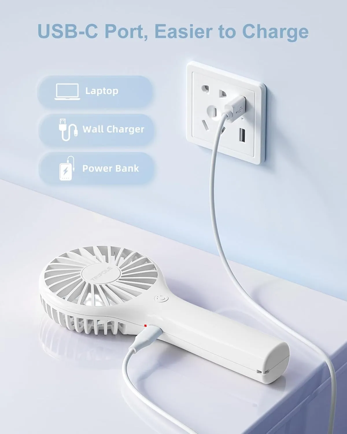 TriPole Mini Handheld Fan Portabble Personal Fan with 3 Speeds, Powerful Battery Hand Held Fan for Travel Trip Outdoor Concerts, Cute Small Rechargeable Lash Fan for Makeup Skincare Drying, White