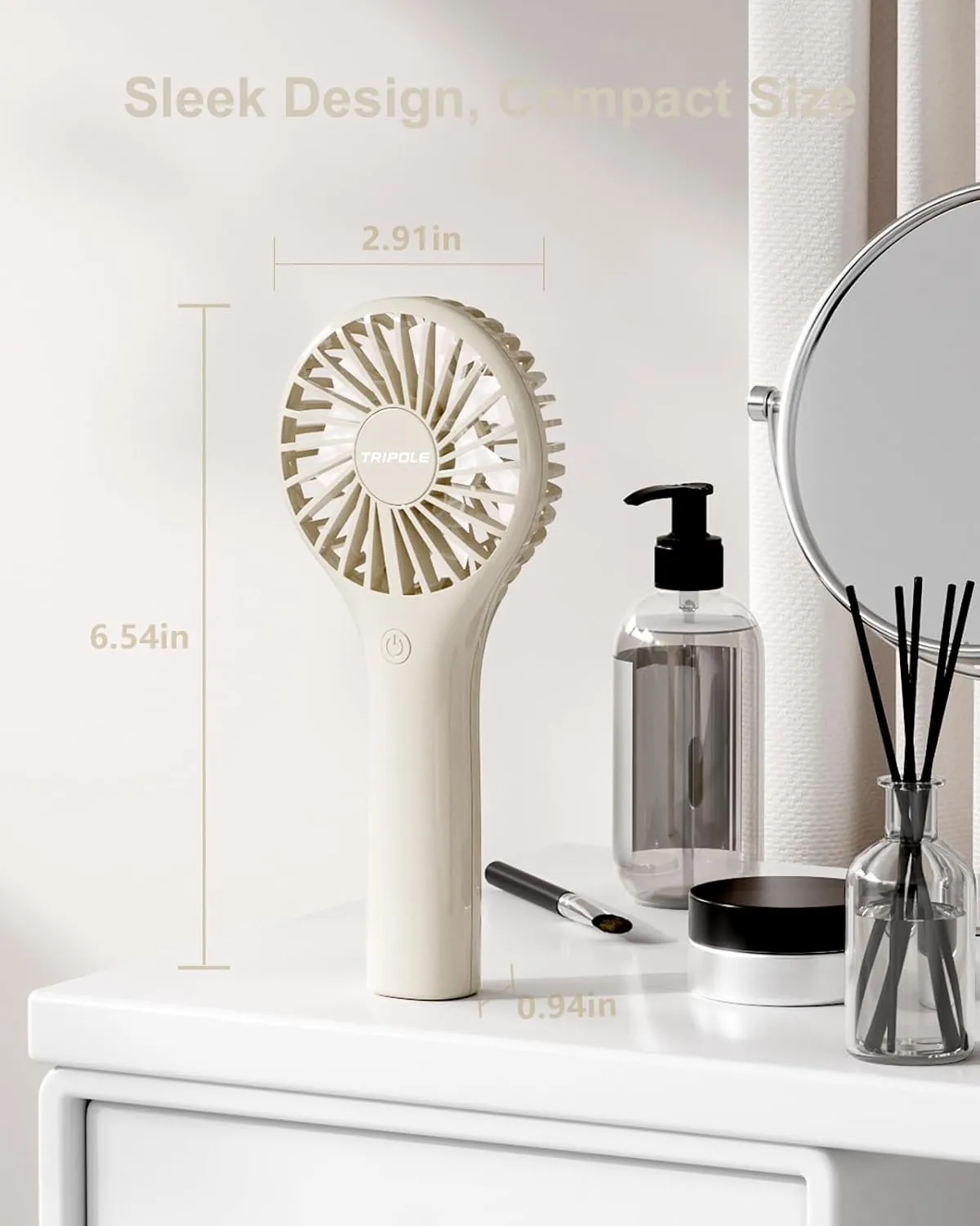 TriPole Mini Handheld Fan Portable Personal Fan with 3 Speed, Powerful Little Battery Hand Held Fan for Travel Trip Outdoor Concerts, Cute Small Rechargeable Lash Fan for Makeup Skincare Drying, Beige