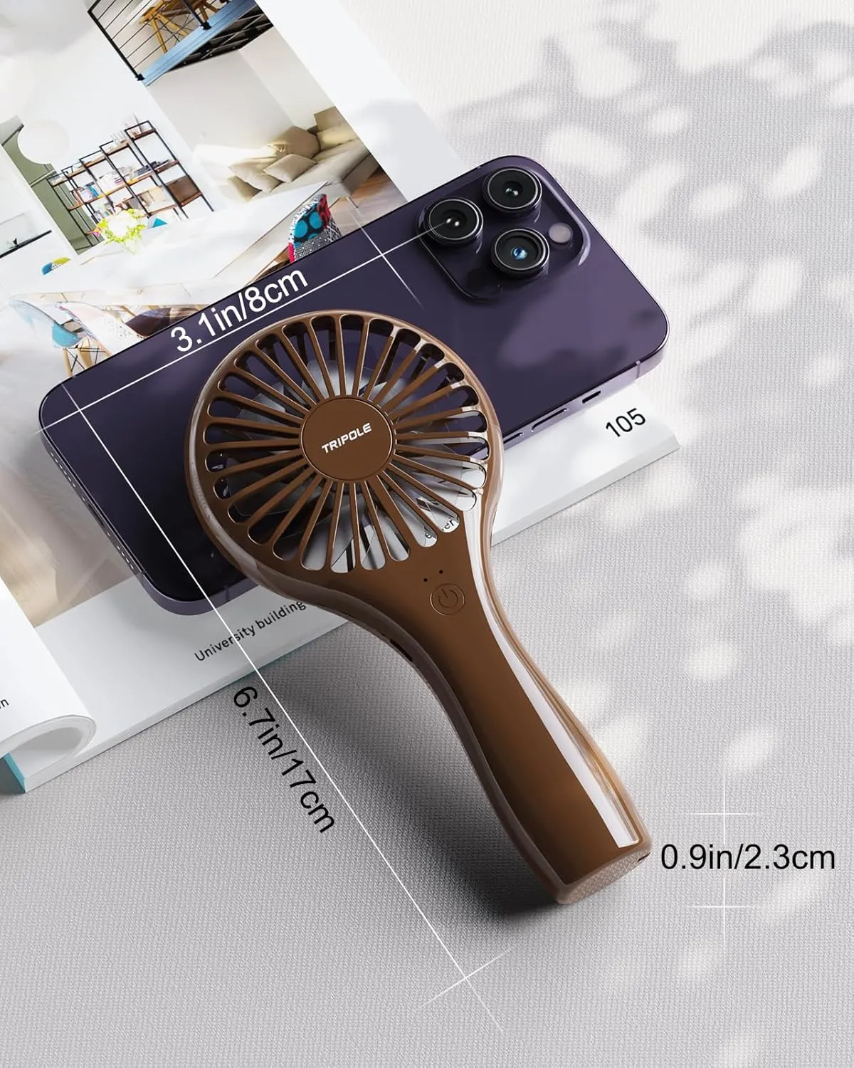TriPole Mini Handheld Fan - Portable, Rechargeable Battery Operated, Personal Compact Size, Speed Adjustable, Small Eyelash Fan for Kids Women Summer Outdoor Travel Trip Concerts, Brown