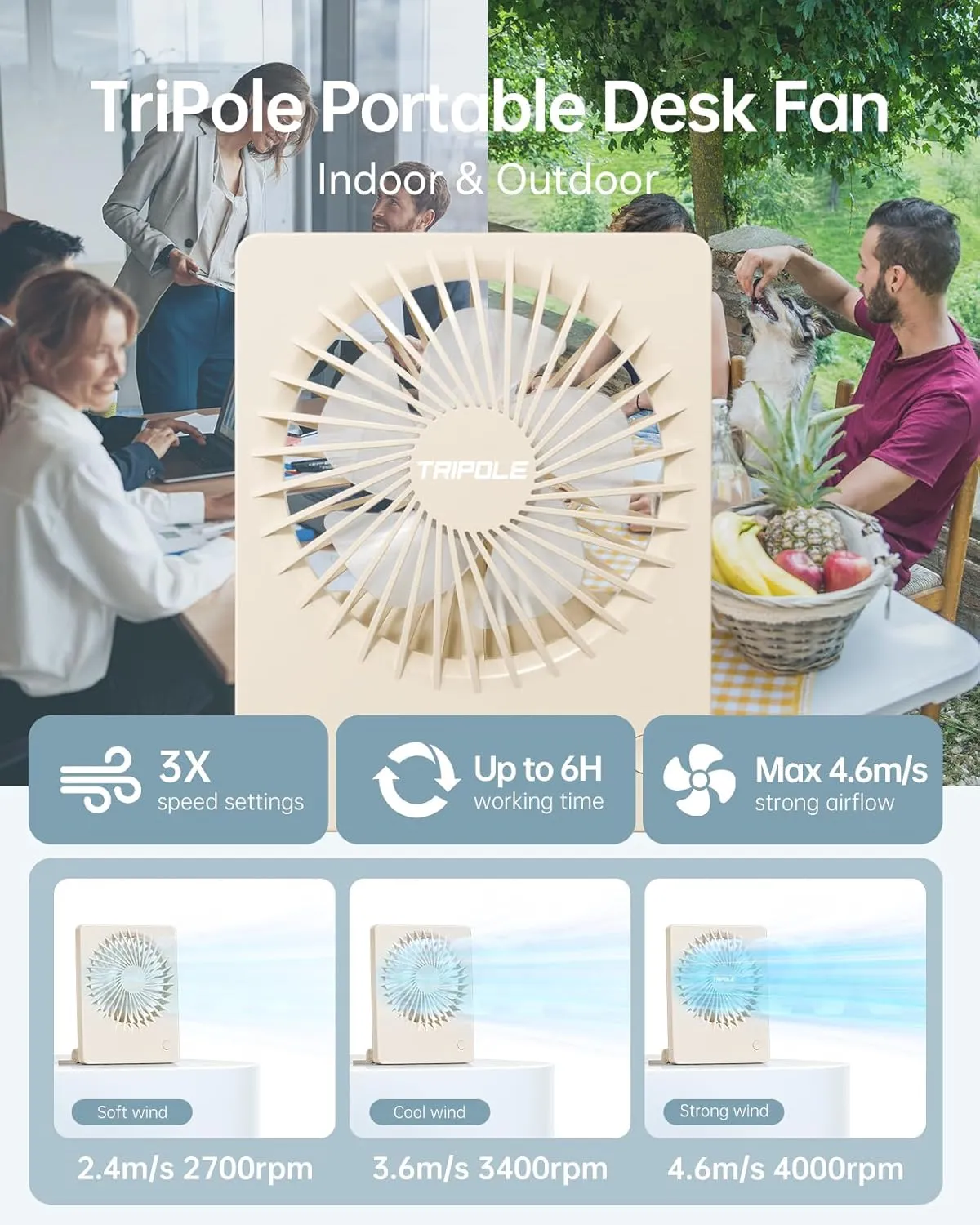 TriPole Mini Portable Desk Fan Rechargeable Ultra Quiet Small Fan 4.5 Inch Personal Travel Fan with 180 Tilt Folding and 3 Speeds Adjustable for Office Desktop Bedroom (Beige)