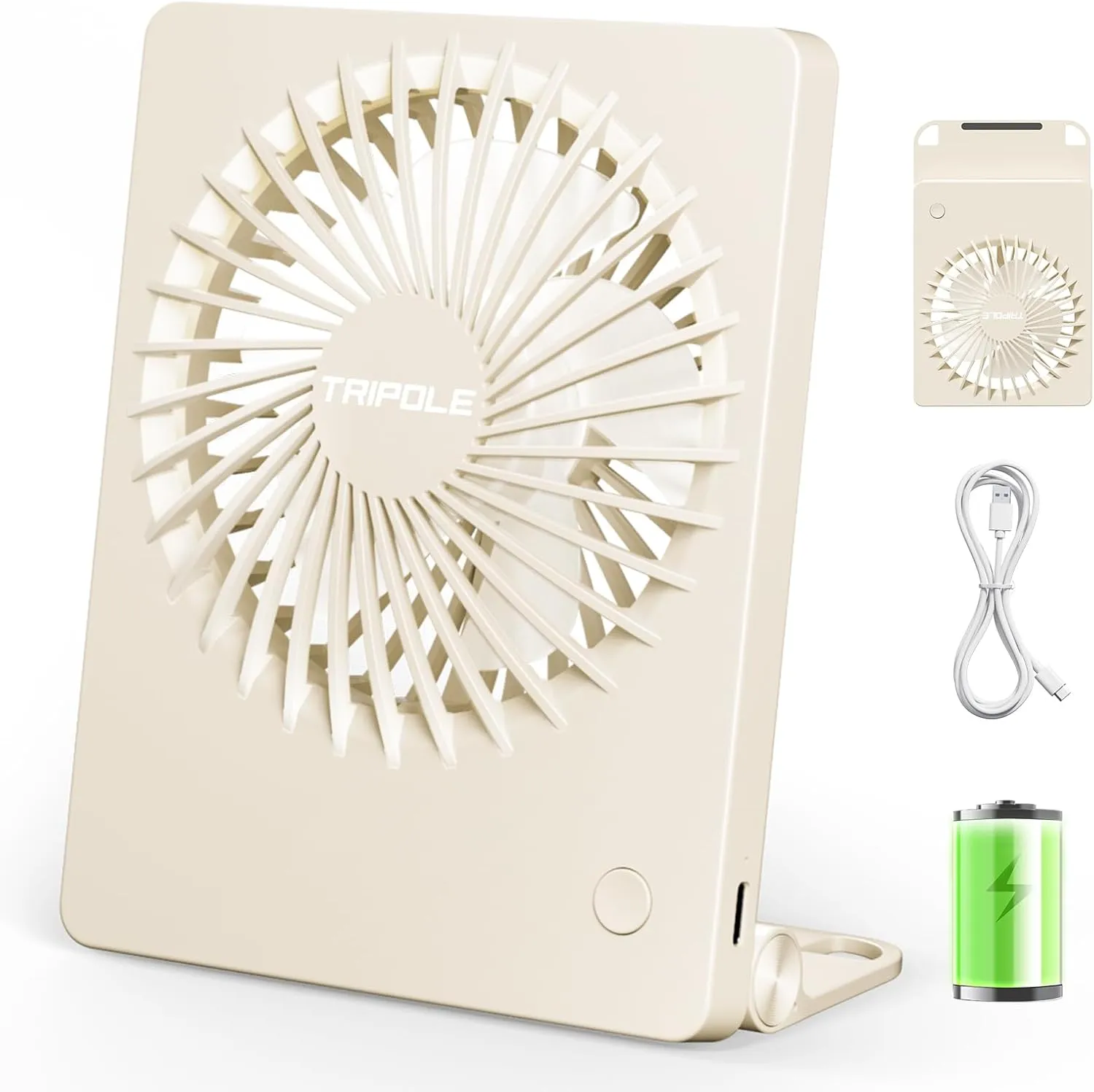 TriPole Mini Portable Desk Fan Rechargeable Ultra Quiet Small Fan 4.5 Inch Personal Travel Fan with 180 Tilt Folding and 3 Speeds Adjustable for Office Desktop Bedroom (Beige) USB desktop fan for workspace