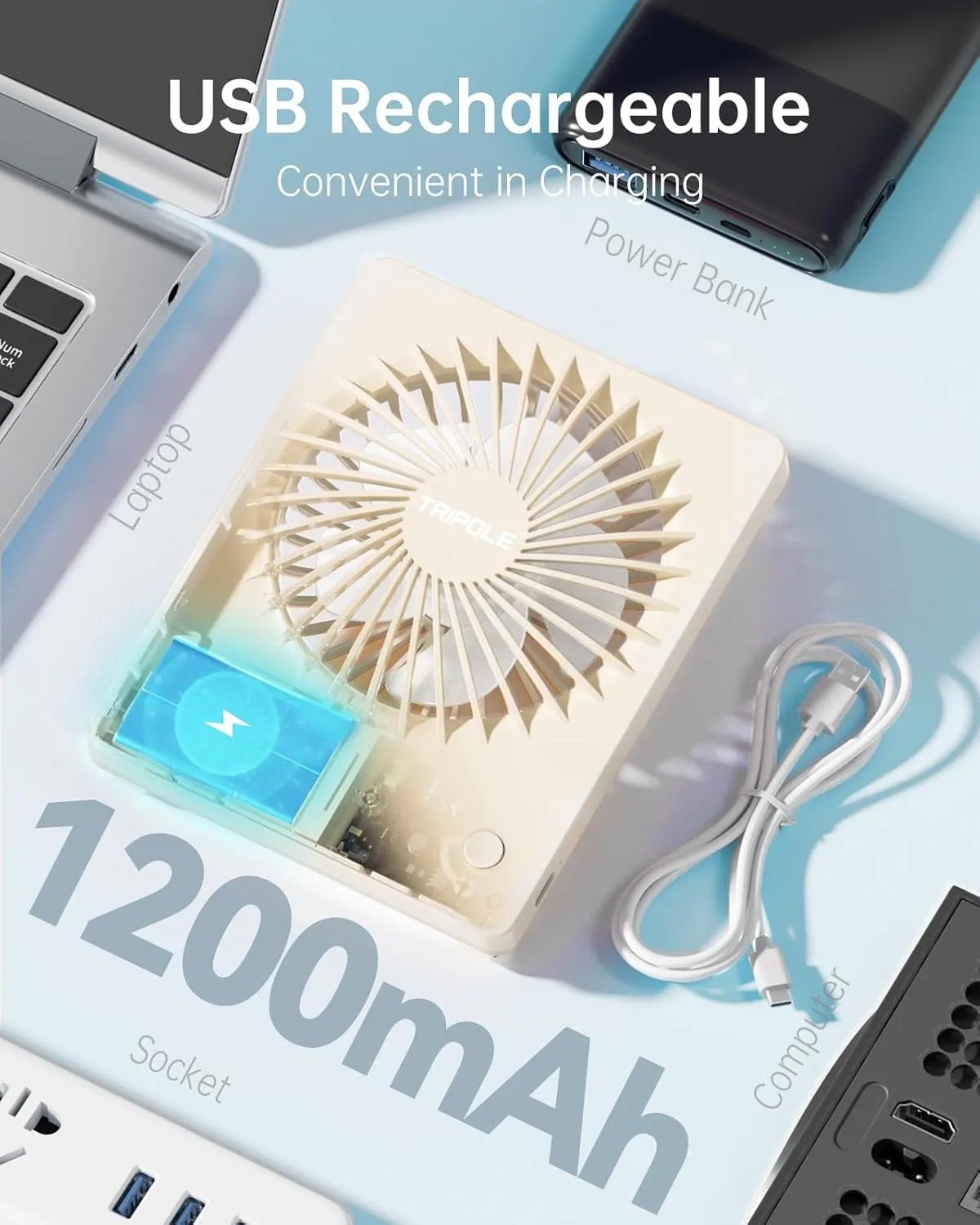 TriPole Mini Portable Desk Fan Rechargeable Ultra Quiet Small Fan 4.5 Inch Personal Travel Fan with 180 Tilt Folding and 3 Speeds Adjustable for Office Desktop Bedroom (Beige)