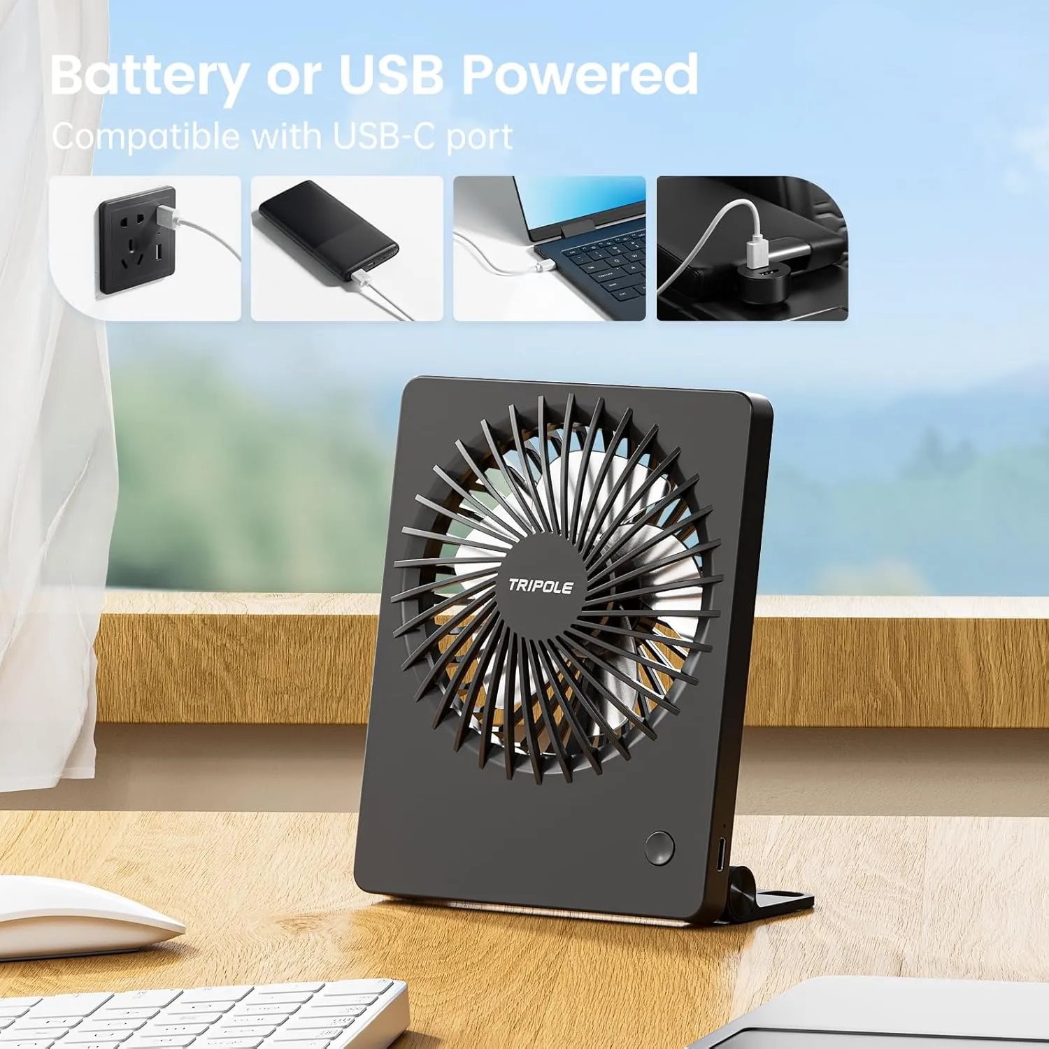 TriPole Mini Portable Desk Fan Rechargeable Ultra Quiet Small Fan 4.5 Inch Personal Travel Fan with 180 Tilt Folding and 3 Speeds Adjustable for Office Desktop Bedroom Black