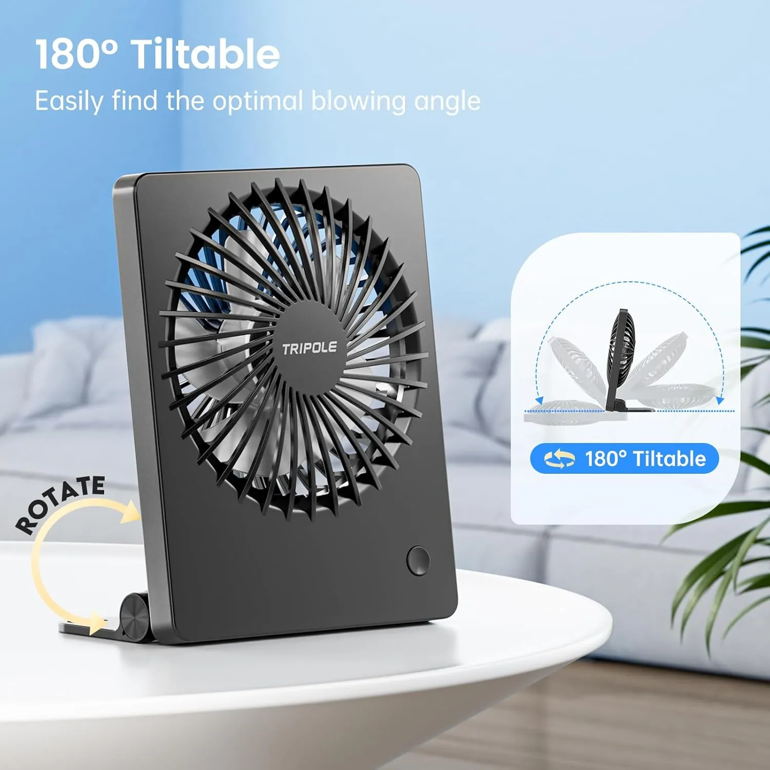 TriPole Mini Portable Desk Fan Rechargeable Ultra Quiet Small Fan 4.5 Inch Personal Travel Fan with 180 Tilt Folding and 3 Speeds Adjustable for Office Desktop Bedroom Black