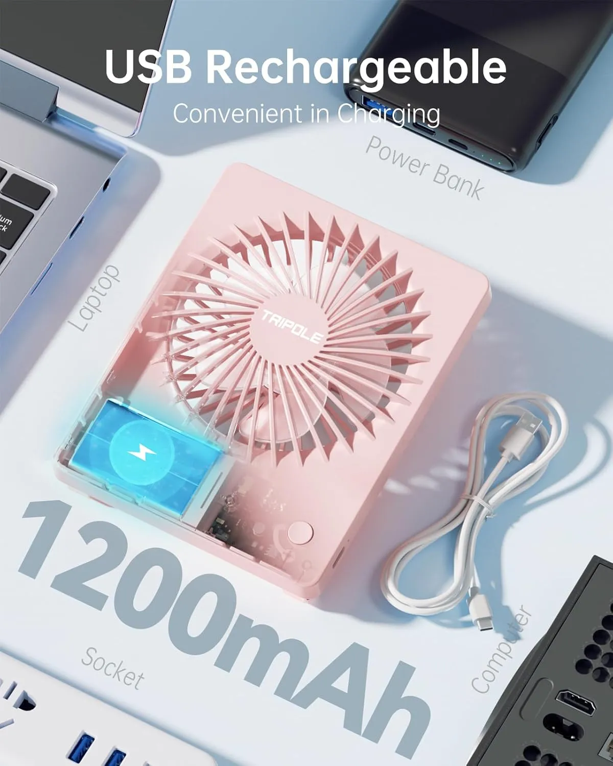 TriPole Mini Portable Desk Fan Rechargeable Ultra Quiet Small Fan 4.5 Inch Personal Travel Fan with 180 Tilt Folding and 3 Speeds Adjustable for Office Desktop Bedroom (Pink)