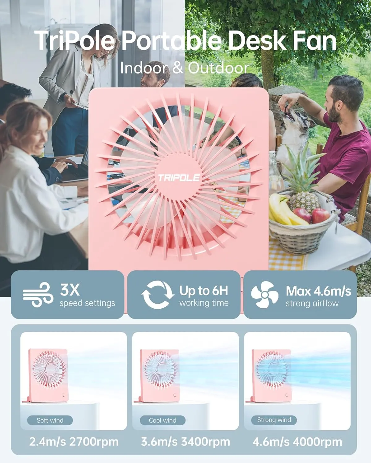 TriPole Mini Portable Desk Fan Rechargeable Ultra Quiet Small Fan 4.5 Inch Personal Travel Fan with 180 Tilt Folding and 3 Speeds Adjustable for Office Desktop Bedroom (Pink)