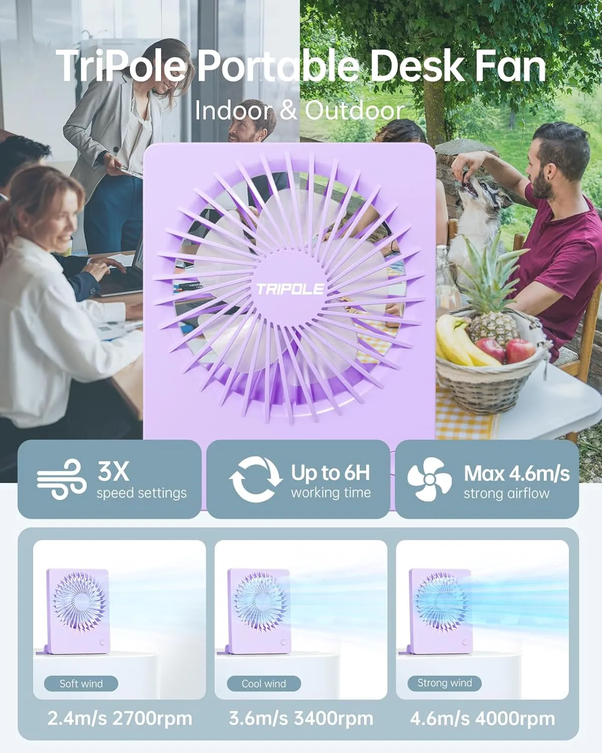 TriPole Mini Portable Desk Fan Rechargeable Ultra Quiet Small Fan 4.5 Inch Personal Travel Fan with 180 Tilt Folding and 3 Speeds Adjustable for Office Desktop Bedroom (Purple)