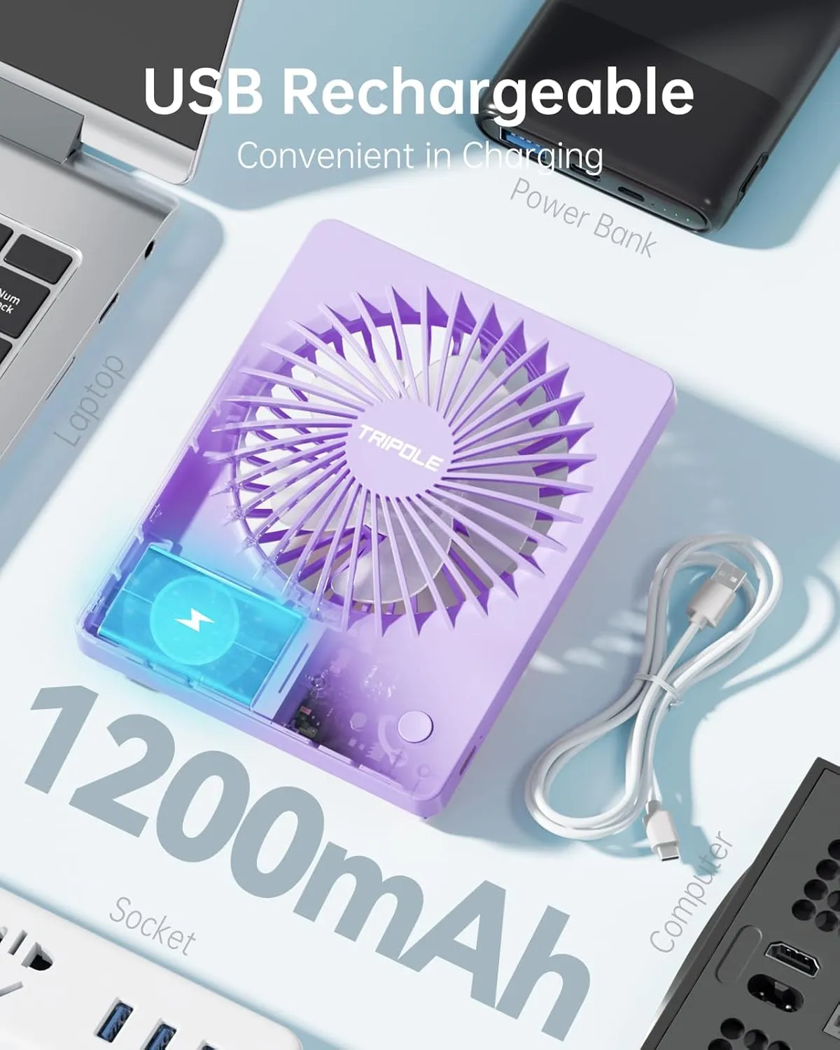 TriPole Mini Portable Desk Fan Rechargeable Ultra Quiet Small Fan 4.5 Inch Personal Travel Fan with 180 Tilt Folding and 3 Speeds Adjustable for Office Desktop Bedroom (Purple)