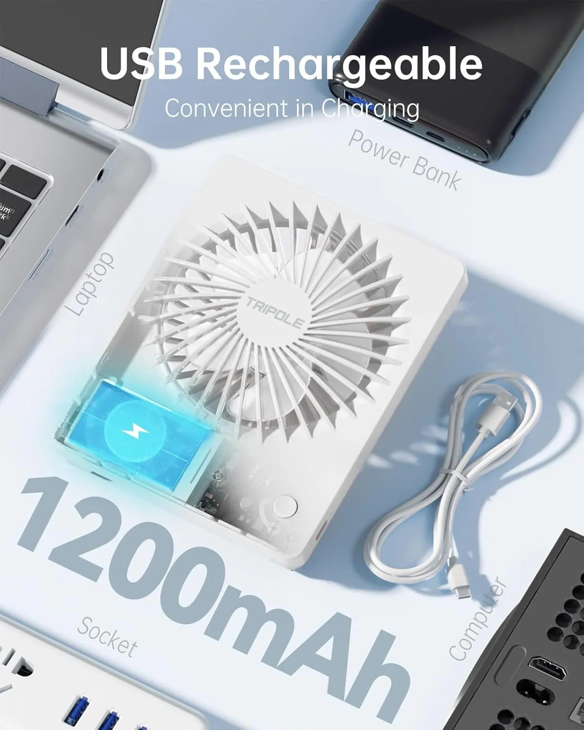 TriPole Mini Portable Desk Fan Rechargeable Ultra Quiet Small Fan 4.5 Inch Personal Travel Fan with 180 Tilt Folding and 3 Speeds Adjustable for Office Desktop Bedroom White