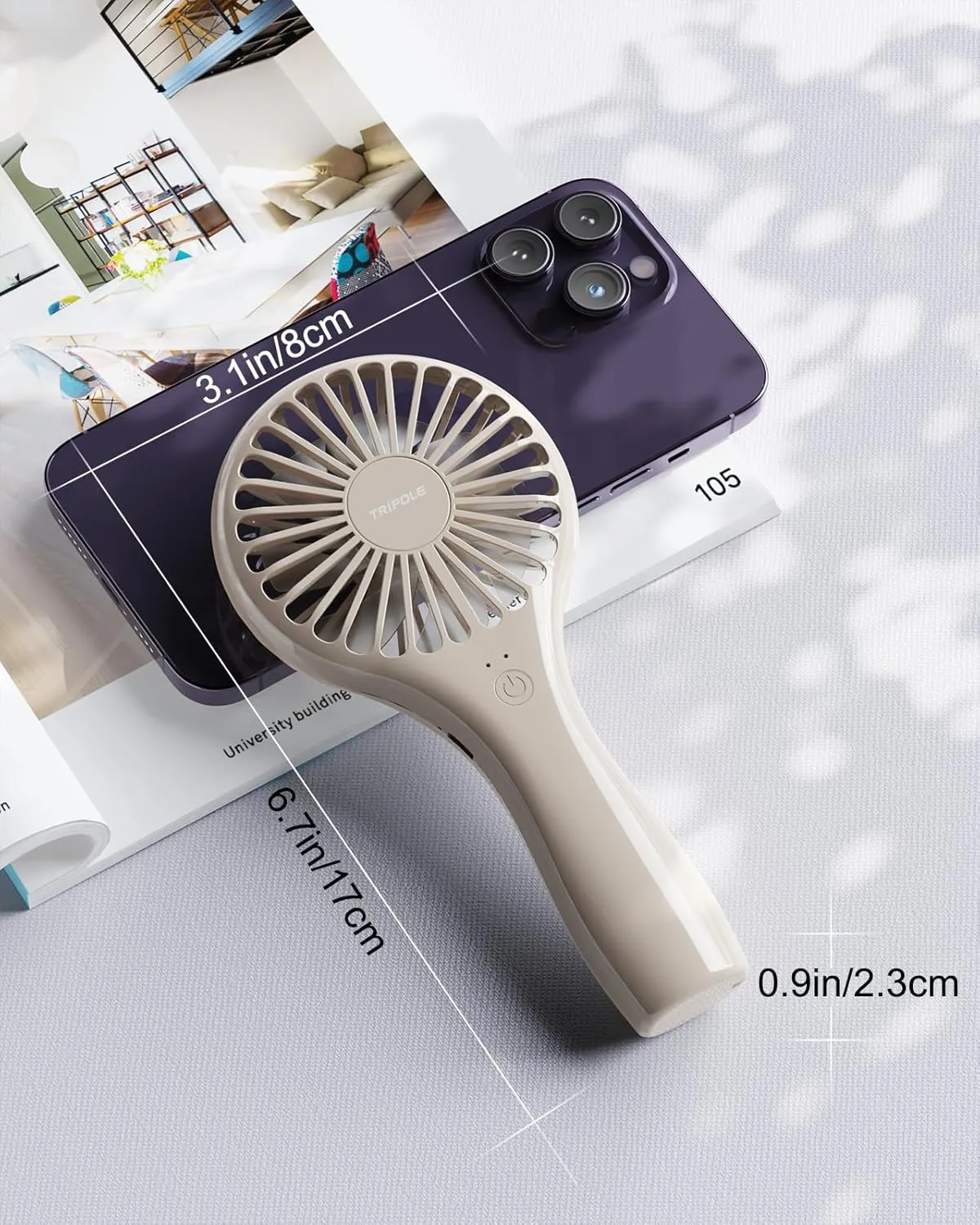 TriPole Mini Portable Fan Powerful Personal Handheld Fans, Battery Operated Rechargeable Fan Speed Adjustable Small Eyelash Fans for Stylish Kids Girls Women Indoor Outdoor Travelling, Beige