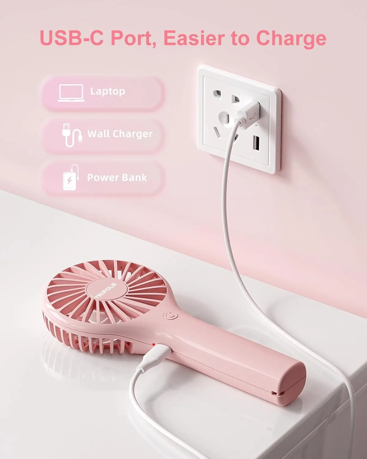 TriPole Portable Handheld Fan Mini Personal Fan 3 Speeds, Powerful Little Battery Hand Held Fans for Travel Trip Outdoor Concerts, Cute Small Rechargeable Lash Fans for Makeup Skincare Drying, Pink