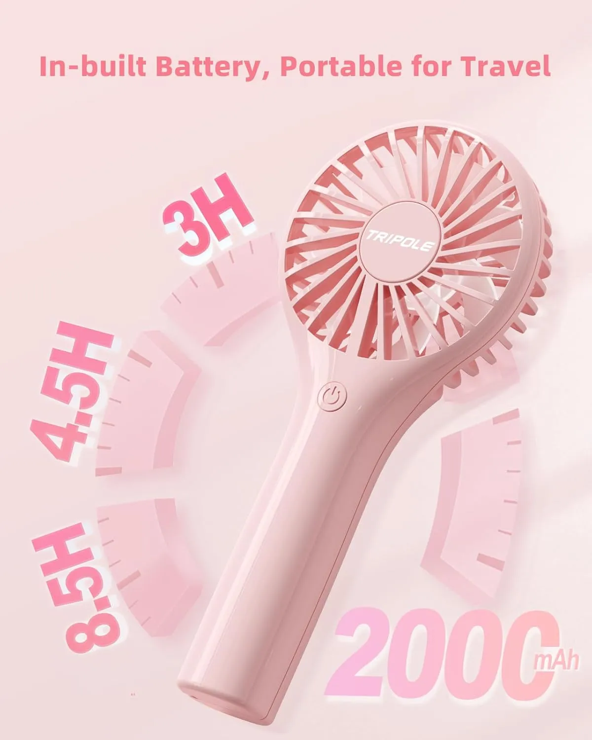 TriPole Portable Handheld Fan Mini Personal Fan 3 Speeds, Powerful Little Battery Hand Held Fans for Travel Trip Outdoor Concerts, Cute Small Rechargeable Lash Fans for Makeup Skincare Drying, Pink
