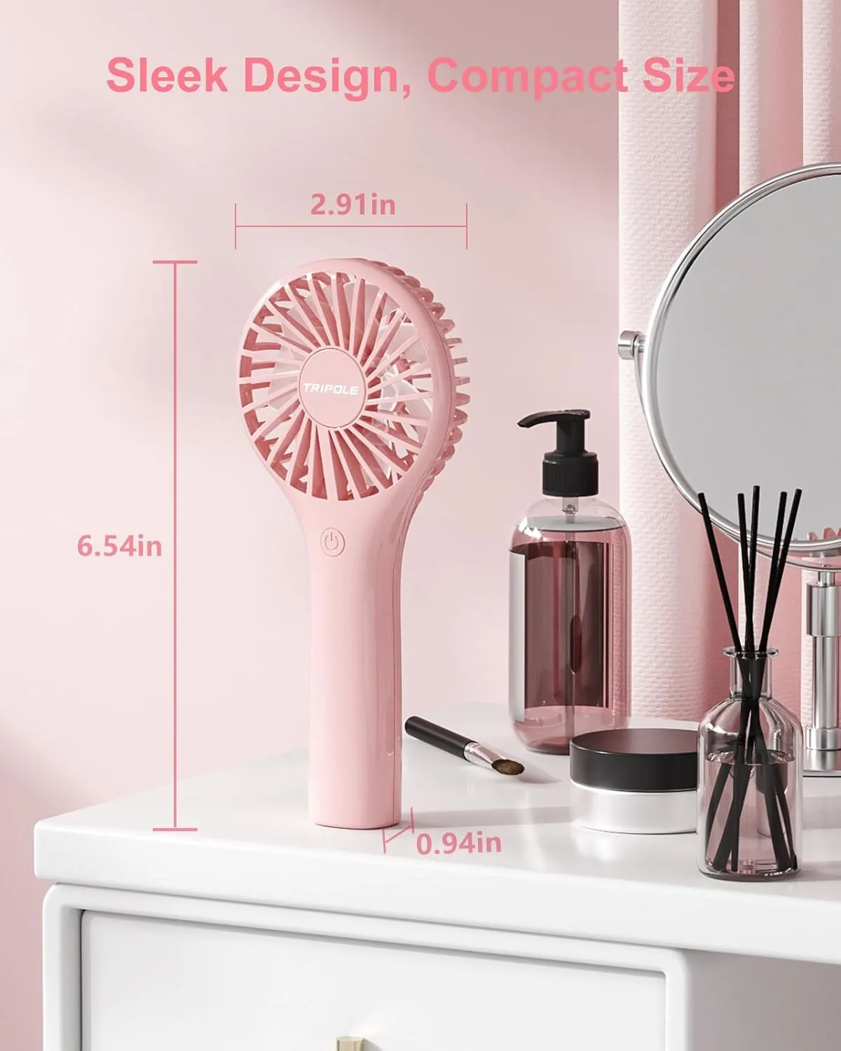 TriPole Portable Handheld Fan Mini Personal Fan 3 Speeds, Powerful Little Battery Hand Held Fans for Travel Trip Outdoor Concerts, Cute Small Rechargeable Lash Fans for Makeup Skincare Drying, Pink