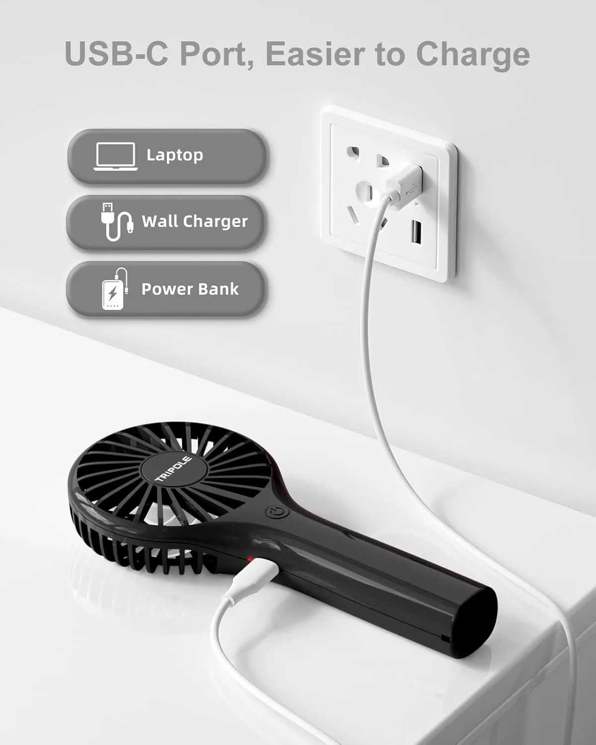 TriPole Portable Handheld Fan Mini Personal Fan with 3 Speeds, Powerful Little Battery Hand Held Fan for Travel Outdoor Concerts, Cute Small Rechargeable Lash Fan for Makeup Skincare Drying, Black