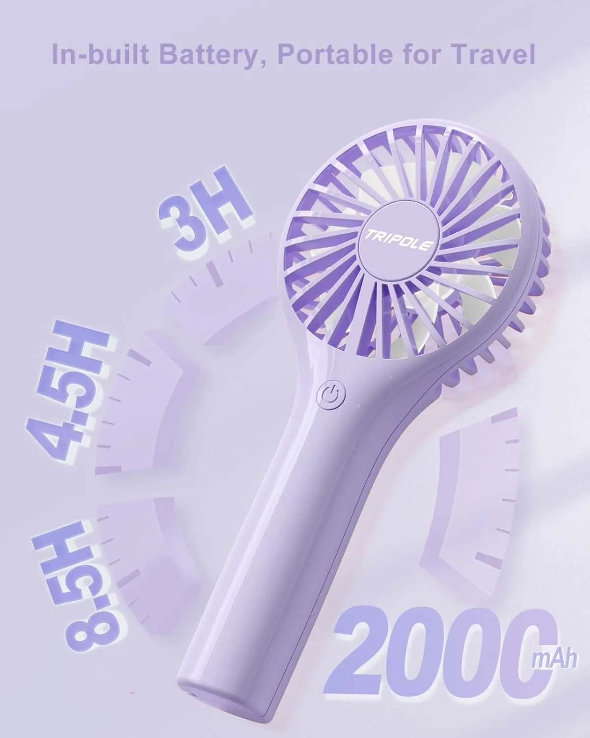 TriPole Portable Handheld Fan - Mini Personal with 3 Speeds, Powerful Little Battery Hand Held Fan for Travel Outdoor Concerts, Cute Small Rechargeable Lash Dryer for Makeup Skincare Drying, Purple