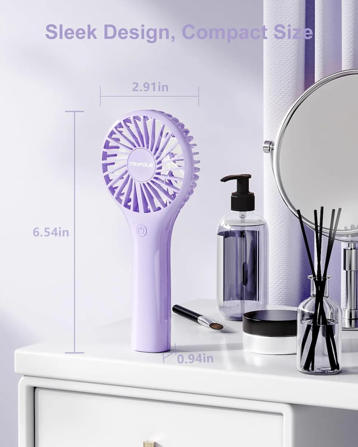 TriPole Portable Handheld Fan - Mini Personal with 3 Speeds, Powerful Little Battery Hand Held Fan for Travel Outdoor Concerts, Cute Small Rechargeable Lash Dryer for Makeup Skincare Drying, Purple