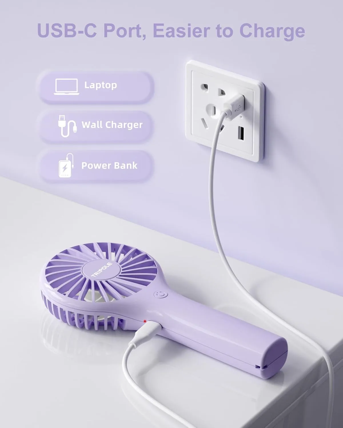TriPole Portable Handheld Fan - Mini Personal with 3 Speeds, Powerful Little Battery Hand Held Fan for Travel Outdoor Concerts, Cute Small Rechargeable Lash Dryer for Makeup Skincare Drying, Purple