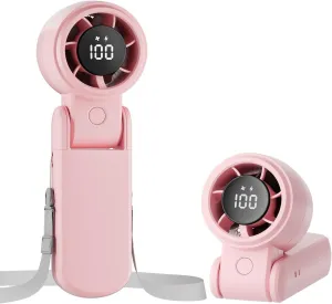 TriPole Portable Handheld Turbo Fan with Digital Display, 3-IN-1 Rechargeable Mini Travel Fan, Battery Operated, Foldable for Desk & Neck, High Speed Personal Cooling Fans for Outdoor Trip Beach, Pink Mini handheld fan for personal cooling