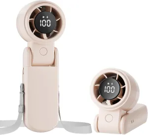 TriPole Portable Handheld Turbo Fan with LED Display, 4000mAh Rechargeable Battery Mini Travel Fan, Foldable for Desk & Neck, 3-IN-1 High Speed Personal Cooling Hand Fans for Outdoor Trip Beach, Beige Mini handheld fan for personal cooling