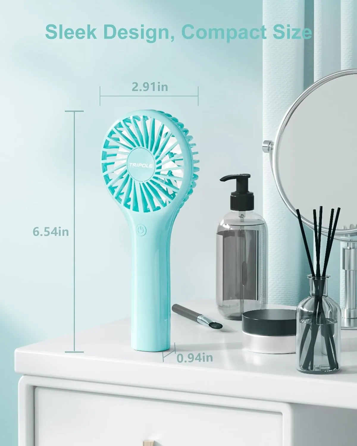 TriPole Portable Mini Personal Fan with 3 Speeds, Powerful Battery for Travel, Outdoor, Concerts & Makeup, Cyan