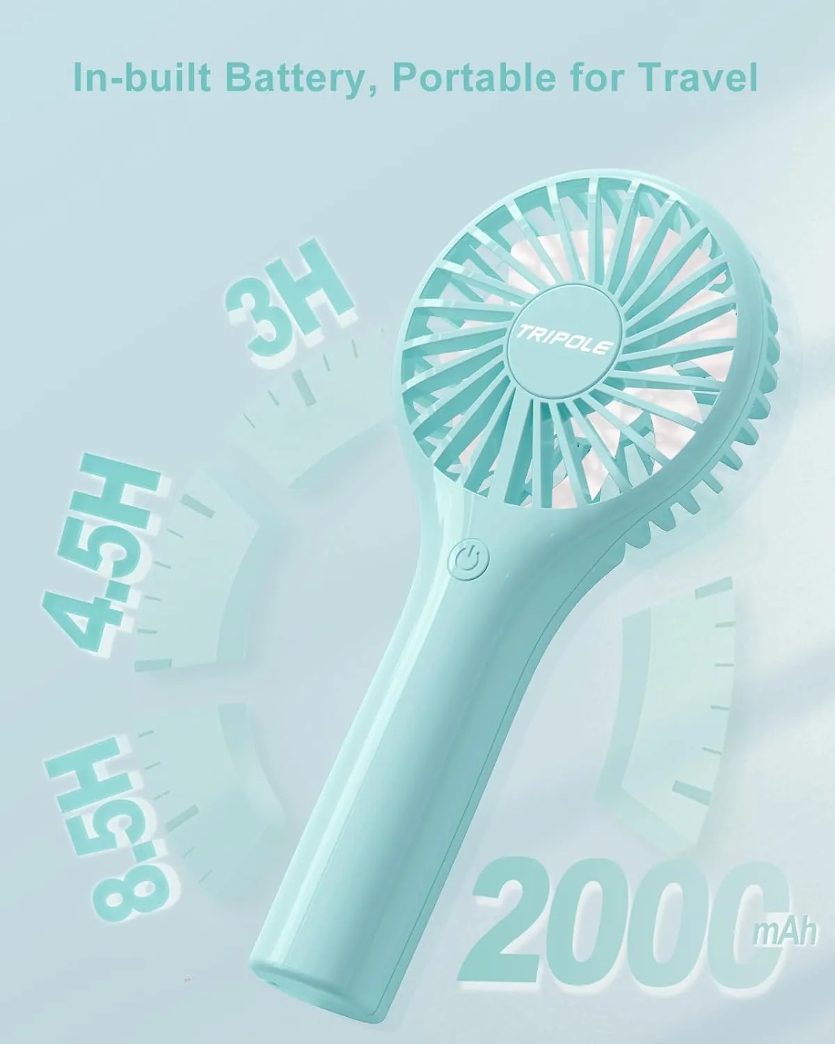 TriPole Portable Mini Personal Fan with 3 Speeds, Powerful Battery for Travel, Outdoor, Concerts & Makeup, Cyan
