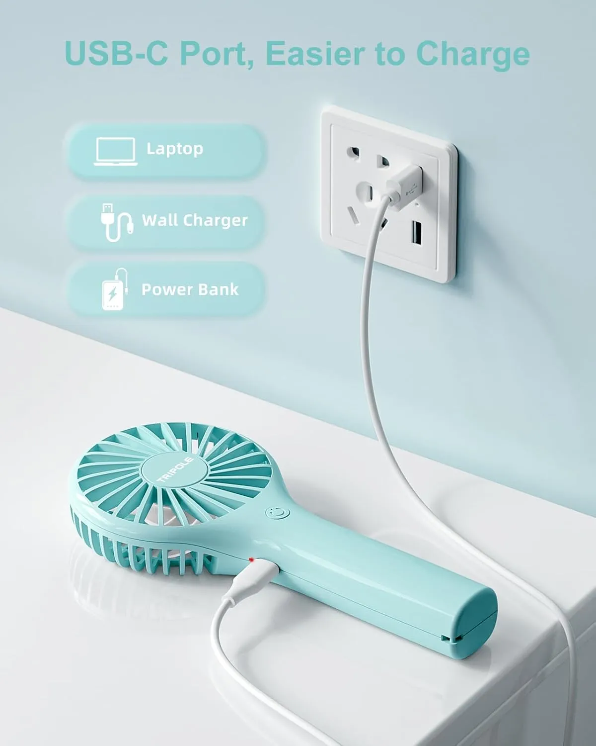 TriPole Portable Mini Personal Fan with 3 Speeds, Powerful Battery for Travel, Outdoor, Concerts & Makeup, Cyan