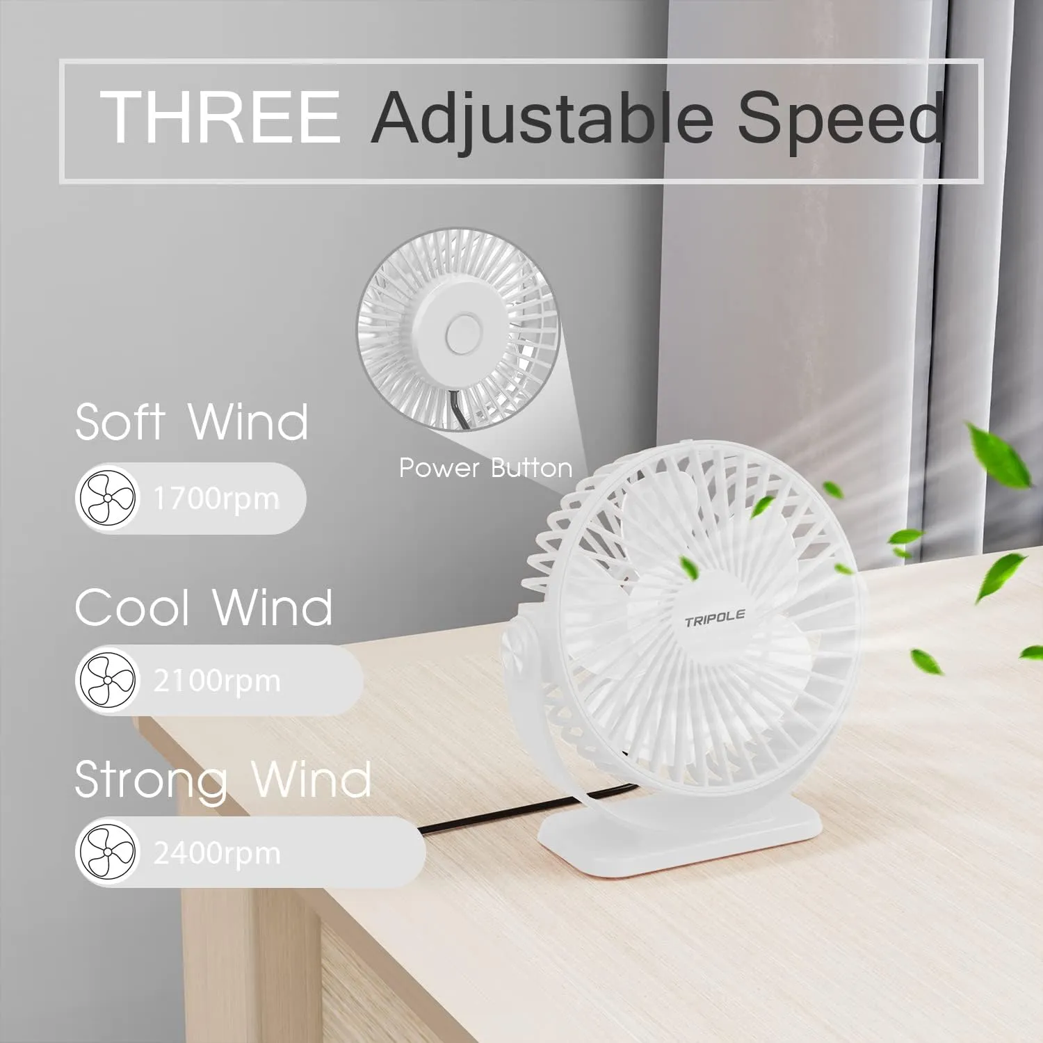 TriPole Small Desk Fan USB Powered Personal Fan 3 Speeds Strong Airflow Mini Fans 360Rotation Portable 5.1 Inch Table Fans for Home Office Bedroom Desktop, White, 4.9ft Cable