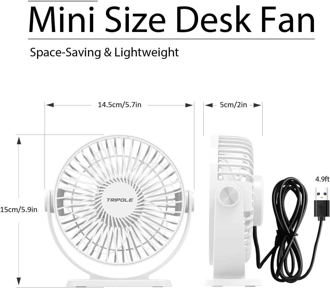 TriPole Small Desk Fan USB Powered Personal Fan 3 Speeds Strong Airflow Mini Fans 360Rotation Portable 5.1 Inch Table Fans for Home Office Bedroom Desktop, White, 4.9ft Cable