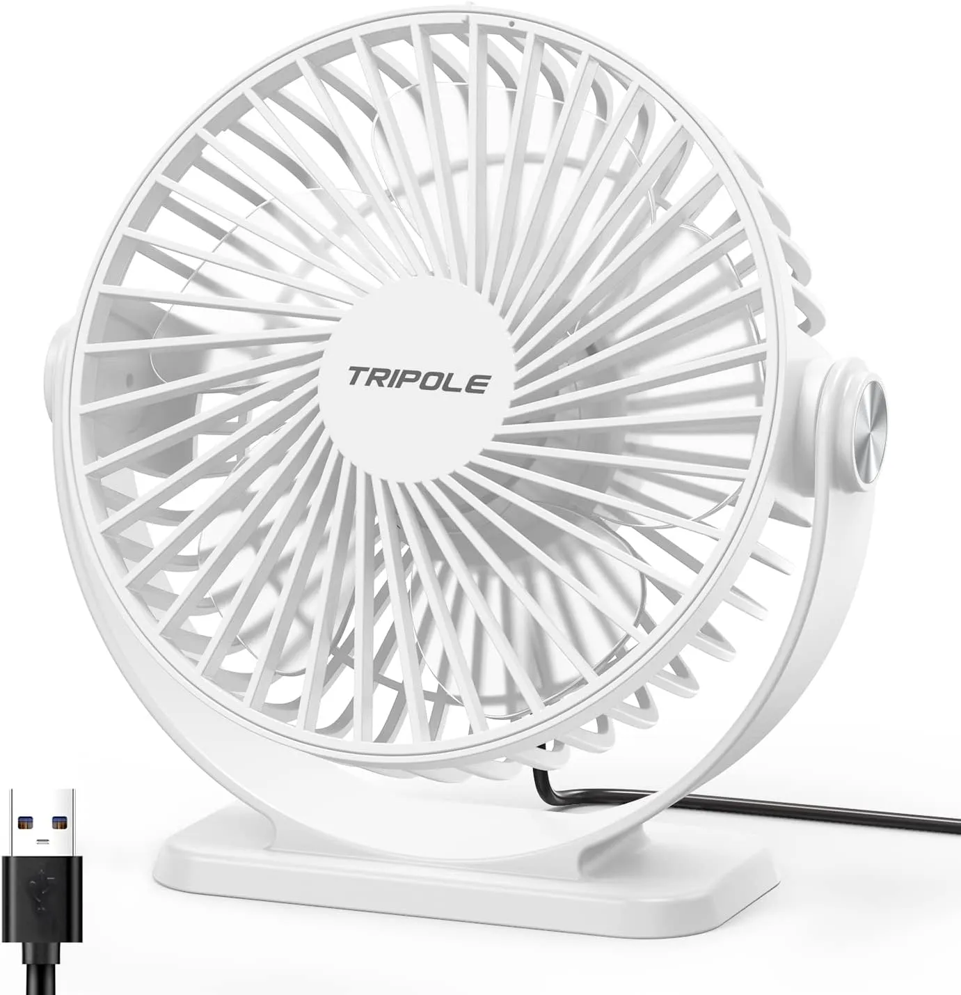 TriPole Small Desk Fan USB Powered Personal Fan 3 Speeds Strong Airflow Mini Fans 360Rotation Portable 5.1 Inch Table Fans for Home Office Bedroom Desktop, White, 4.9ft Cable USB desktop fan for workspace