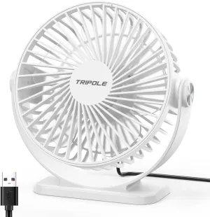 TriPole Small Desk Fan USB Powered Personal Fan 3 Speeds Strong Airflow Mini Fans 360Rotation Portable 5.1 Inch Table Fans for Home Office Bedroom Desktop, White, 4.9ft Cable USB desktop fan for workspace