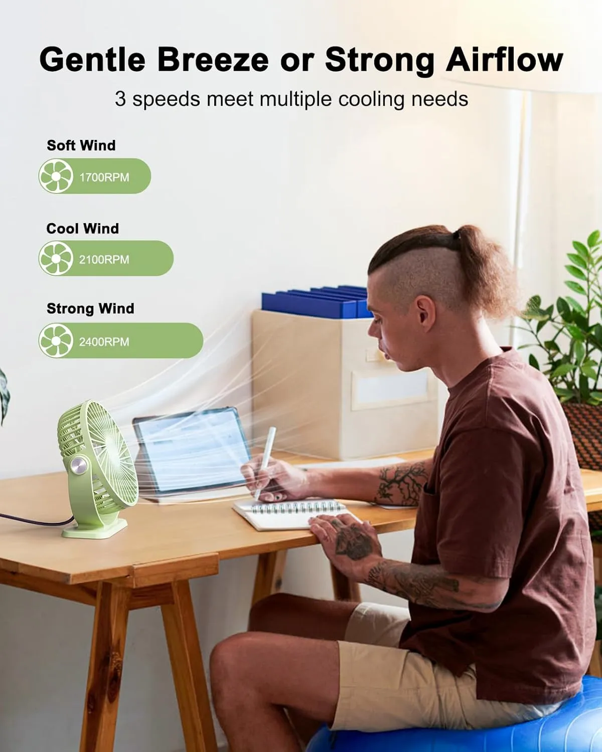 TriPole Small Desk Fan USB Powered Personal Portable Fan, Strong Airflow 3 Speeds Mini Fans 360Rotation 5.1 Inch Quiet Table Fans for Home Office Bedroom Desktop Travel, Green, 4.9ft Cable