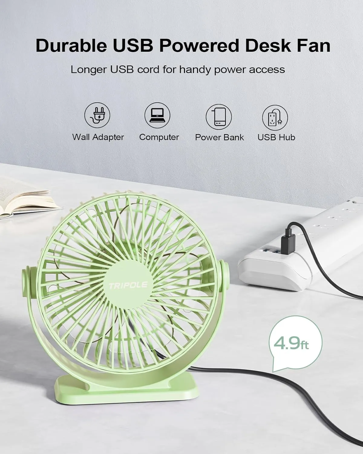 TriPole Small Desk Fan USB Powered Personal Portable Fan, Strong Airflow 3 Speeds Mini Fans 360Rotation 5.1 Inch Quiet Table Fans for Home Office Bedroom Desktop Travel, Green, 4.9ft Cable