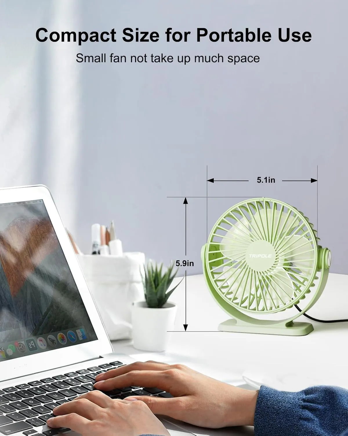 TriPole Small Desk Fan USB Powered Personal Portable Fan, Strong Airflow 3 Speeds Mini Fans 360Rotation 5.1 Inch Quiet Table Fans for Home Office Bedroom Desktop Travel, Green, 4.9ft Cable