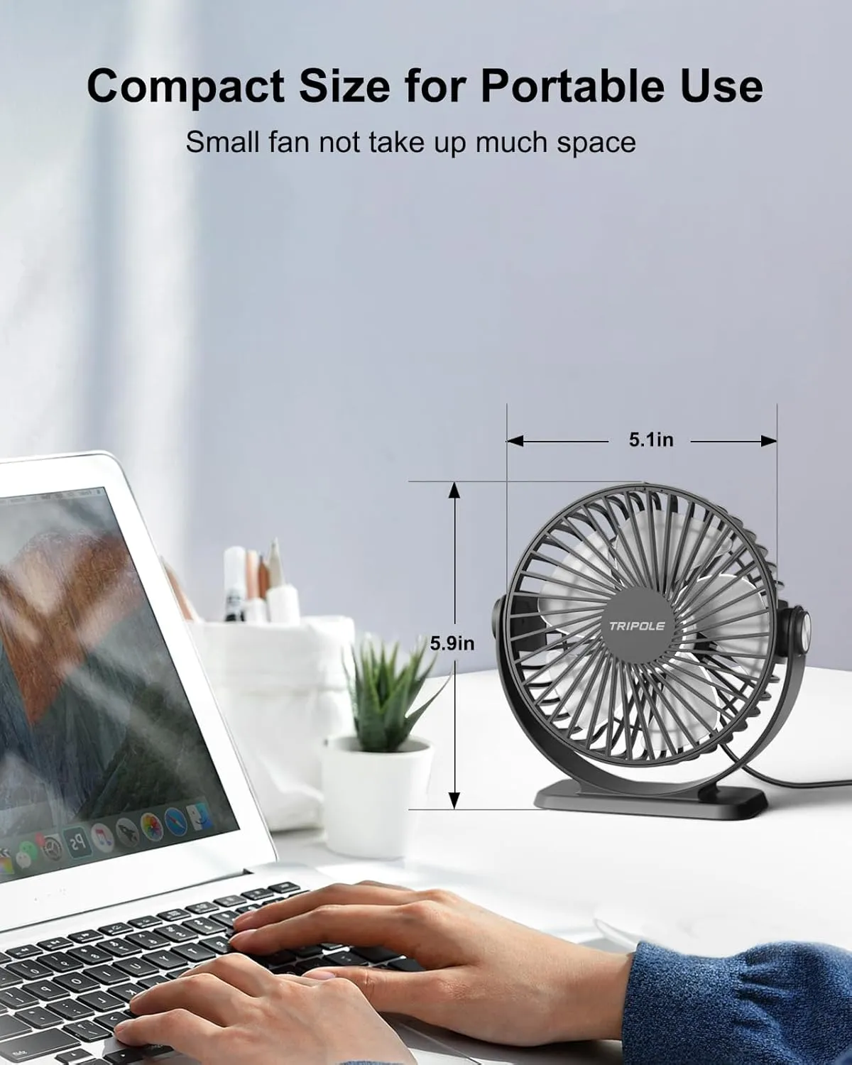 TriPole Small Desk Fan USB Powered Portable Fan 3 Speeds Strong Airflow Mini Fan 360Rotation Personal Table Fans for Home Office Bedroom Desktop, 5.1 Inch Black, 4.9ft Cable