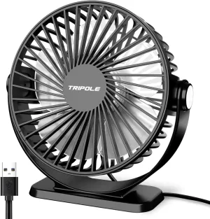 TriPole Small Desk Fan USB Powered Portable Fan 3 Speeds Strong Airflow Mini Fan 360Rotation Personal Table Fans for Home Office Bedroom Desktop, 5.1 Inch Black, 4.9ft Cable USB desktop fan for workspace