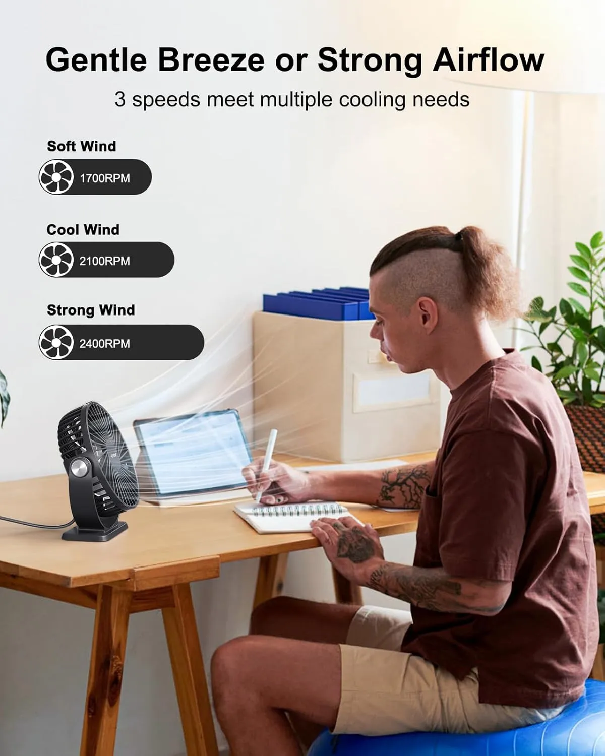 TriPole Small Desk Fan USB Powered Portable Fan 3 Speeds Strong Airflow Mini Fan 360Rotation Personal Table Fans for Home Office Bedroom Desktop, 5.1 Inch Black, 4.9ft Cable