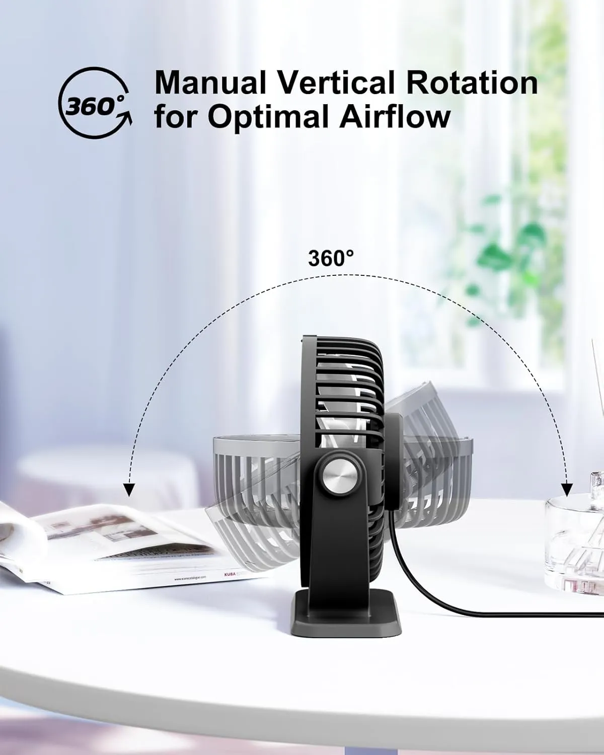 TriPole Small Desk Fan USB Powered Portable Fan 3 Speeds Strong Airflow Mini Fan 360Rotation Personal Table Fans for Home Office Bedroom Desktop, 5.1 Inch Black, 4.9ft Cable