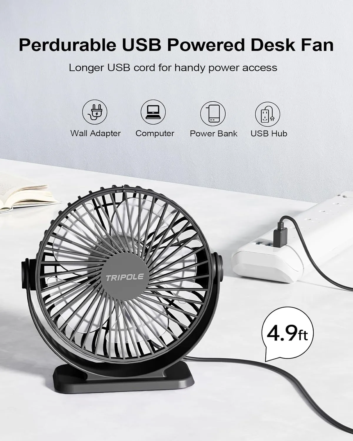 TriPole Small Desk Fan USB Powered Portable Fan 3 Speeds Strong Airflow Mini Fan 360Rotation Personal Table Fans for Home Office Bedroom Desktop, 5.1 Inch Black, 4.9ft Cable